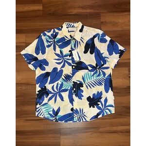 Cubavera Hawaiian Linen Blend Button Shirt Short Sleeve White Blue Men's Size XL